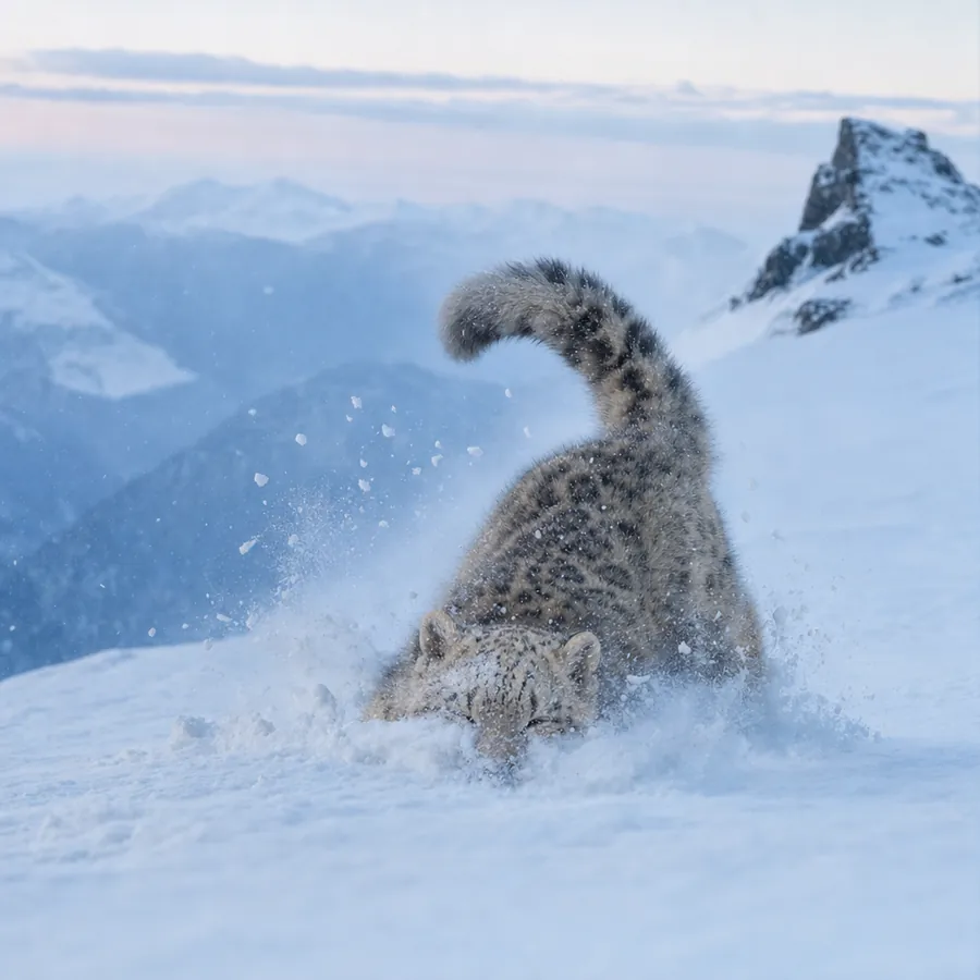 The cub pouncing face first into deep fresh snow