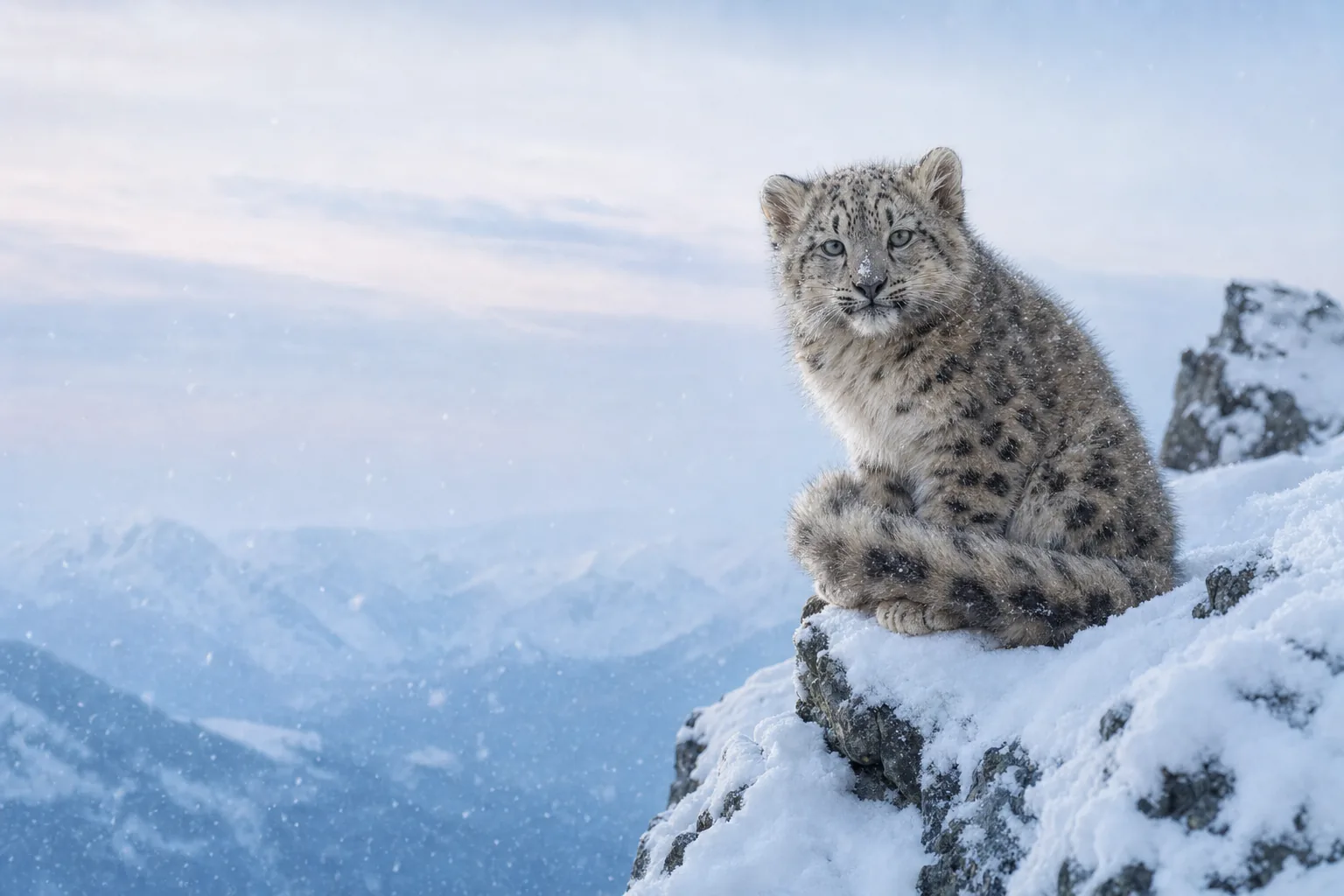 Snow Kitten, a snow leopard cub sitting on a snowy mountain ledge in falling snow, her long tail around her paws