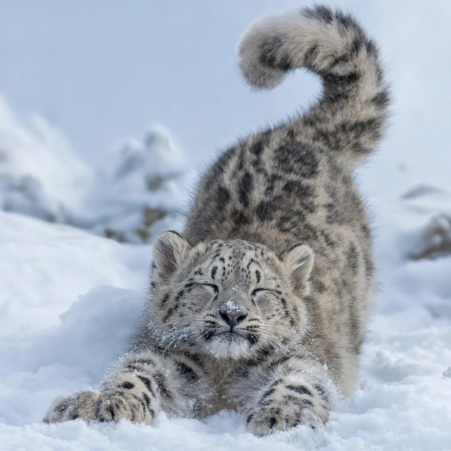 Snow Kitten stretching in the snow, the same stretch as her cousin